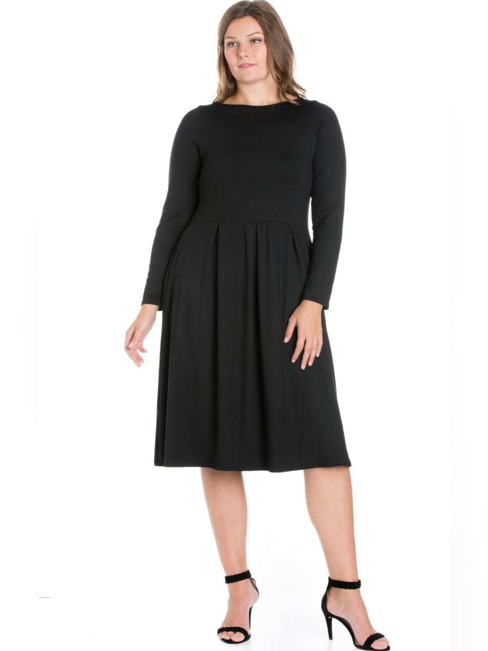 24 Seven Comfort Apparel WomensXL Black Long-Sleeve Midi Dress Fit&Flare Pockets